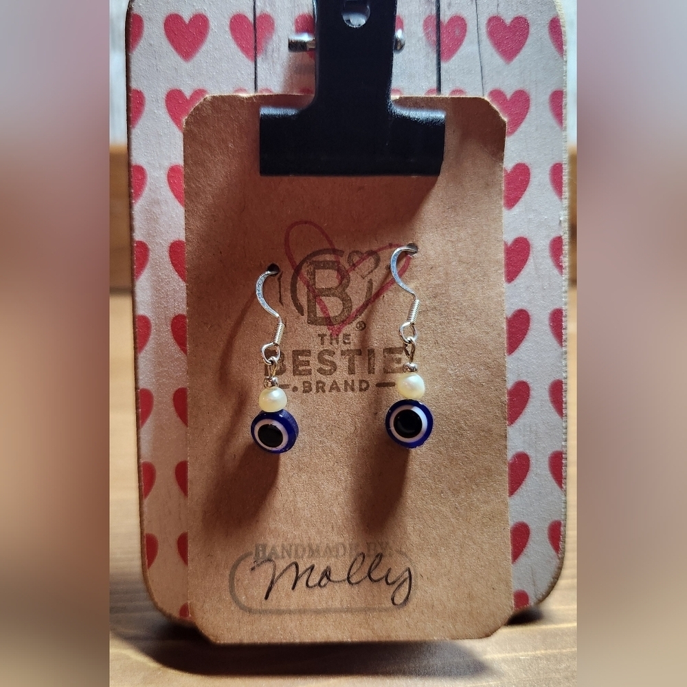 Handmade "Evil Eye" Blue Nazar Resin Bead and Freshwater Pearl Dangle Earrings